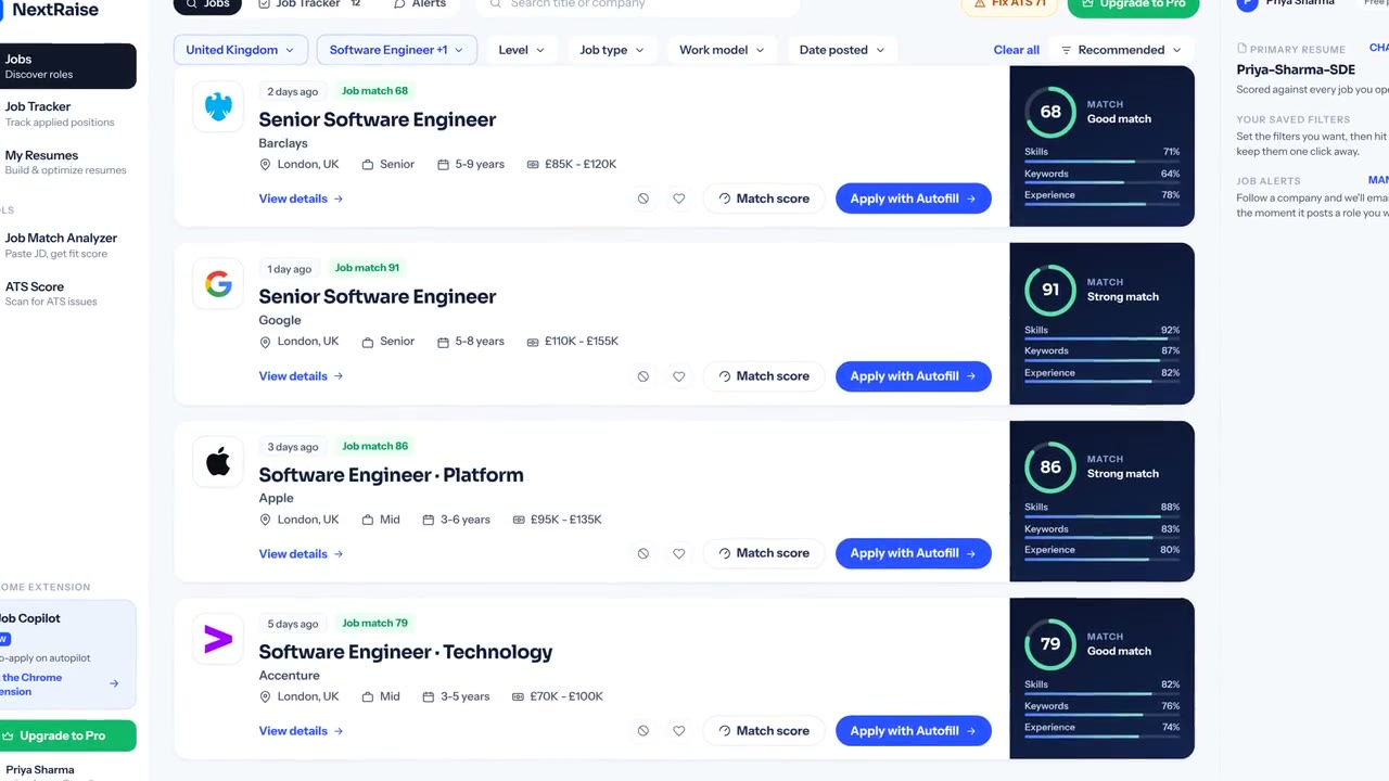 NextRaise scoring a job, tailoring a resume and autofilling the application